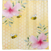 バンブルミツバチ黄色ハニカムピンク花模様 シャワーカーテン (正面)