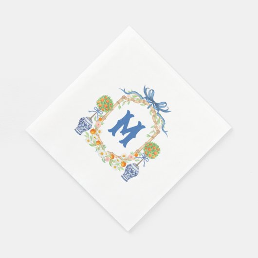 バンブーオレンジトピアリークレスト | 1文字モノグラム スタンダードランチョンナプキン (角)