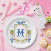 バンブーオレンジトピアリークレスト | 1文字モノグラム ペーパープレート (パーティー)