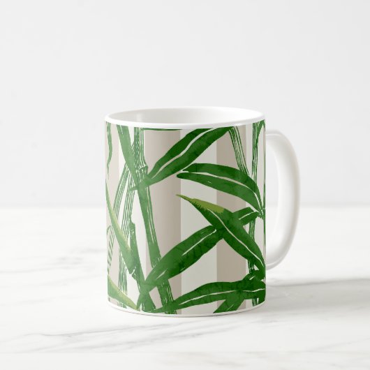 バンブージャングルストライプハワイアン – 緑とトープ コーヒーマグカップ (正面右)