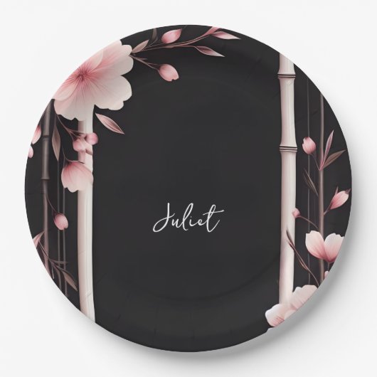 バンブーピンク桜さくらんぼブロッサムブライダルシャワー ペーパープレート (正面)