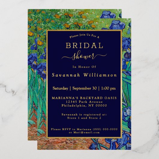 バン・ゴッホ・イリー絵画スフローラブライダルシャワー金ゴールド 箔招待状 (正面/裏面)