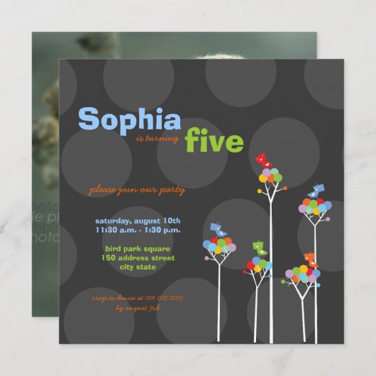 バーお洒落ズツリーズ点々のある子供の誕生日パーティー 招待状 (正面/裏面)