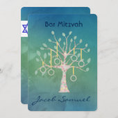 バーこうもりブナイツリーオブライフ（ユダヤ教の）バル・ミツバーウォーターカラーブルー 招待状 (正面/裏面)