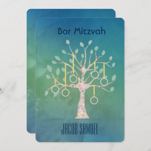 バーこうもりブナイツリーオブライフ（ユダヤ教の）バル・ミツバーウォーターカラーブルー 招待状 (正面/裏面)