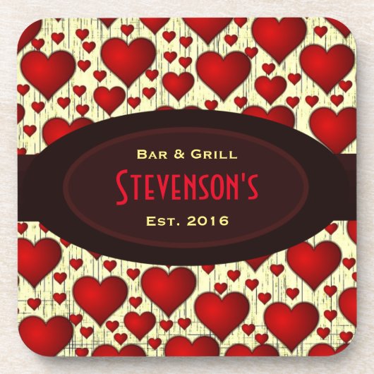 バーとグリル赤いハートとブルゴーニュの銘板 コースター (正面)
