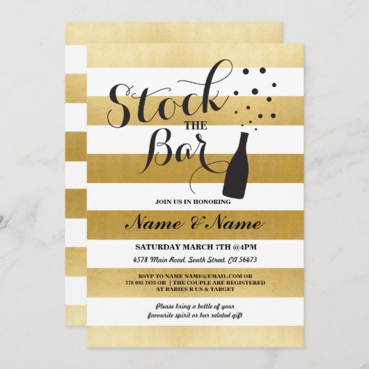 バーのストライプの金ゴールドの婚約パーティの招待に貯蔵して下さい 招待状 (正面/裏面)