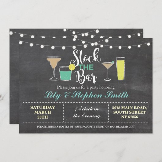 バーのチョークの婚約のカクテルパーティーに貯蔵して下さい 招待状 (正面/裏面)
