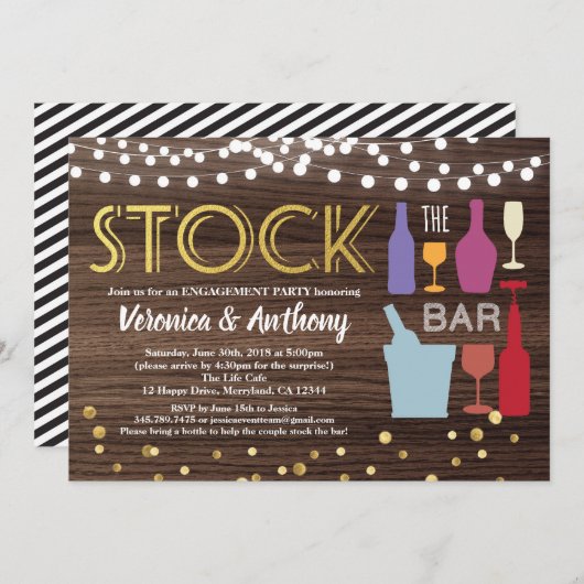 バーの在庫パーティー　ゴールドと木 招待状 (正面/裏面)