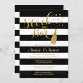 バーの婚約パーティのストライプの金ゴールドの招待に貯蔵して下さい 招待状 (正面/裏面)