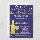 バーの婚約パーティの青および金ゴールドに貯蔵して下さい 招待状 (正面)