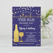 バーの婚約パーティの青および金ゴールドに貯蔵して下さい 招待状 (スタンド正面)