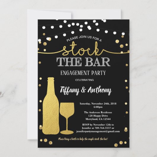 バーの婚約パーティを黒で保管 招待状 (正面)