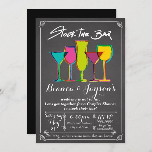 バーの棚を埋め尽くす カップルシャワーの招待状 招待状 (正面/裏面)