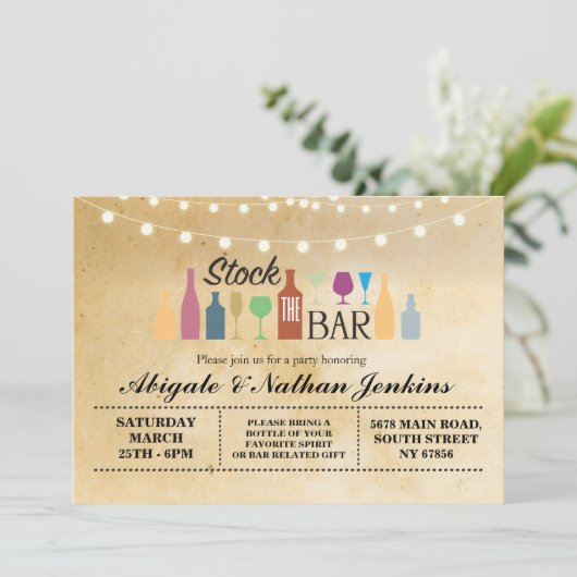 バーの素朴な婚約のシャワーの招待状に貯蔵して下さい 招待状 (スタンド正面)