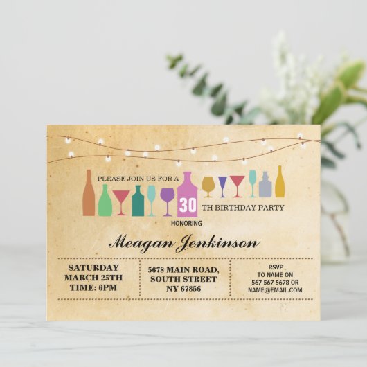 バーの誕生会のカクテルの飲み物のヴィンテージの招待 招待状 (スタンド正面)