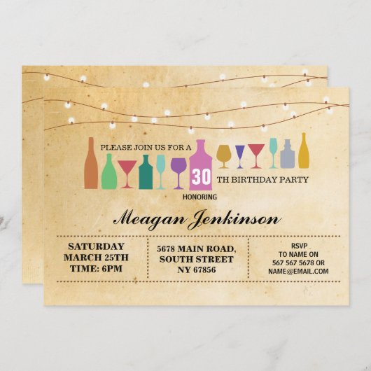 バーの誕生会のカクテルの飲み物のヴィンテージの招待 招待状 (正面/裏面)