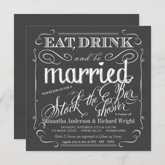 バーの黒板のウェディングシャワーの招待状に貯蔵して下さい 招待状 (正面/裏面)