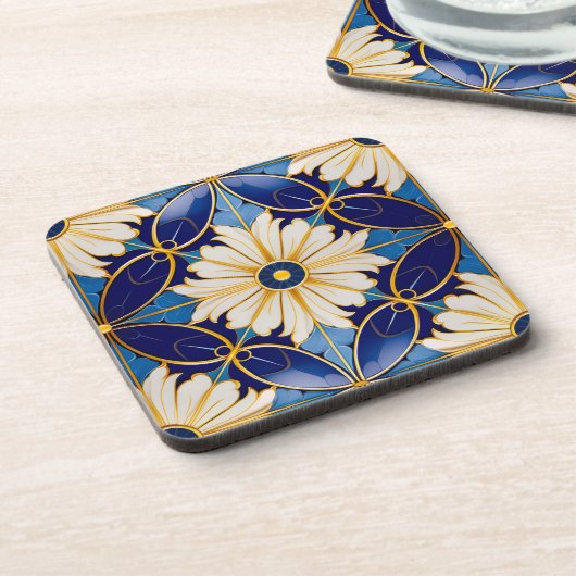バーウェアダイニングアールデコ深いブルー金ゴールドフローラ コースター (左側)