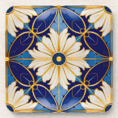 バーウェアダイニングアールデコ深いブルー金ゴールドフローラ コースター (正面)