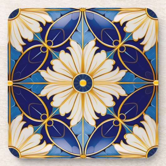 バーウェアダイニングアールデコ深いブルー金ゴールドフローラ コースター (正面)