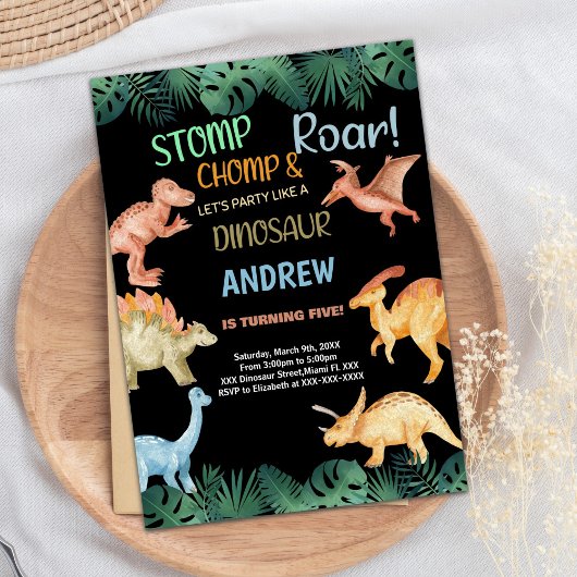 バーウォンブラックグリッター恐竜誕生日招待状 招待状