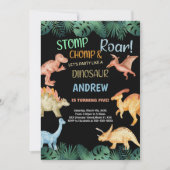 バーウォンブラックグリッター恐竜誕生日招待状 招待状 (正面)