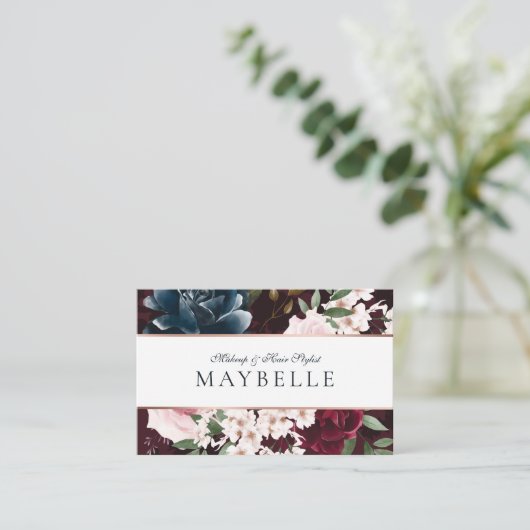 バーエレガントグンディとネイビーの水色フローラフレーム 名刺 (スタンド正面)