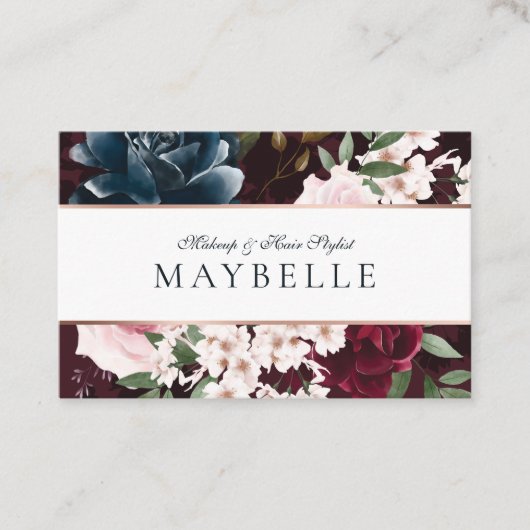 バーエレガントグンディとネイビーの水色フローラフレーム 名刺 (正面)