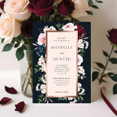 バーエレガントグンディとネイビーの水色フローラフレーム 招待状