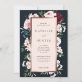 バーエレガントグンディとネイビーの水色フローラフレーム 招待状 (正面)