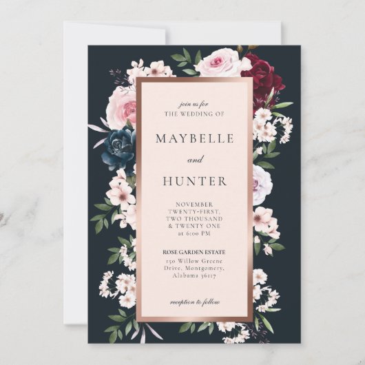 バーエレガントグンディとネイビーの水色フローラフレーム 招待状 (正面)