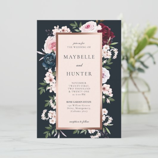 バーエレガントグンディとネイビーの水色フローラフレーム 招待状 (スタンド正面)