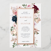 バーエレガントグンディとネイビーの水色フローラフレーム 箔招待状 (正面)