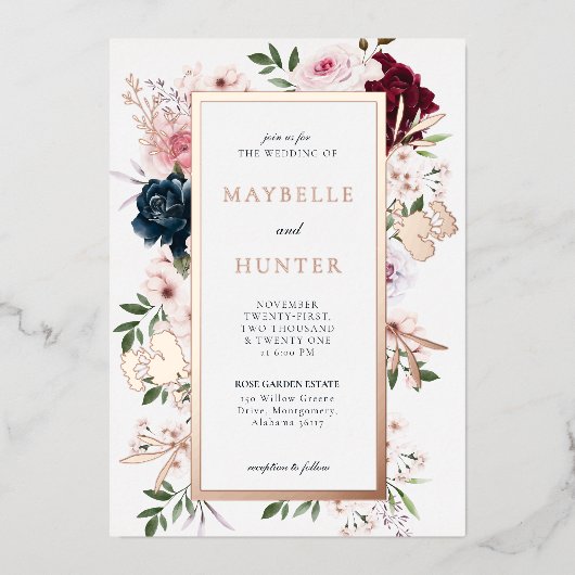 バーエレガントグンディとネイビーの水色フローラフレーム 箔招待状 (正面)