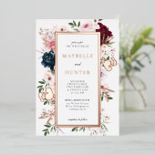 バーエレガントグンディとネイビーの水色フローラフレーム 箔招待状 (立ち正面)