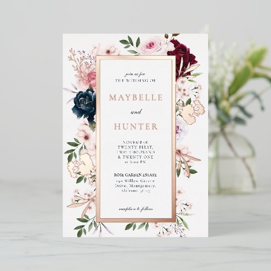 バーエレガントグンディとネイビーの水色フローラフレーム 箔招待状 (立ち正面)