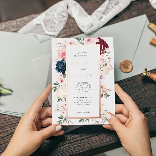 バーエレガントグンディとネイビーの水色フローラフレーム 箔招待状