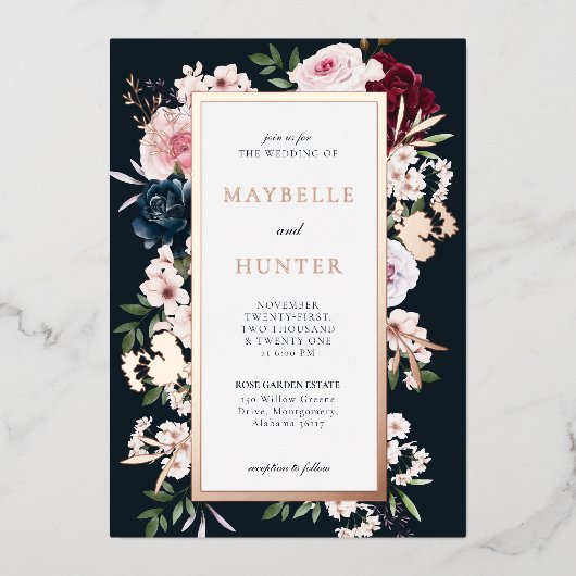 バーエレガントグンディとネイビーの水色フローラフレーム 箔招待状 (正面)