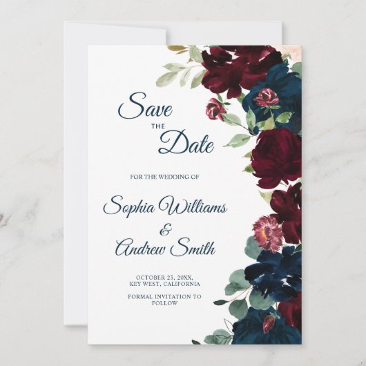 バーエレガントグンディとネイビーブルーの花の保存日付 セーブザデート (正面)