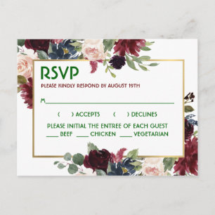 バーエレガントグンディ海軍金ゴールドフローラ結婚式RSVP ポストカード