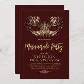 バーエレガントグンディ金ゴールドマスカレードパーティー誕生日 招待状 (正面/裏面)
