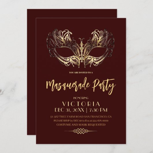 バーエレガントグンディ金ゴールドマスカレードパーティー誕生日 招待状 (正面/裏面)