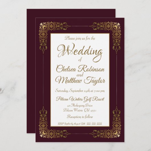 バーエレガントグンディ金ゴールドレースフレ結婚ーム 招待状 (正面/裏面)