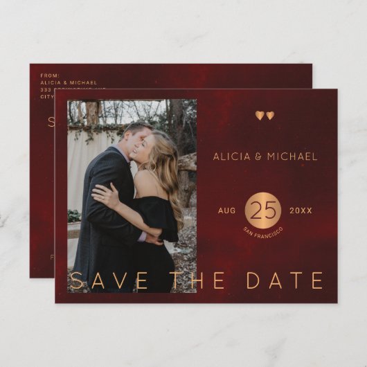 バーエレガントグンディ金ゴールド結婚の写真は日付を保存 案内ポストカード (正面/裏面)