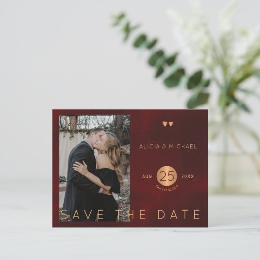 バーエレガントグンディ金ゴールド結婚の写真は日付を保存 案内ポストカード (スタンド正面)