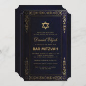 バーエレガント(ユダヤ教の)バル・ミツバーネイビーブルー金ゴールドスターヴィンテージ 招待状 (正面/裏面)