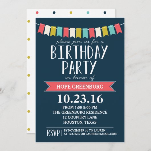 バーカラフルナーズダークネイビーブルーバースデーパーティー 招待状 (正面/裏面)