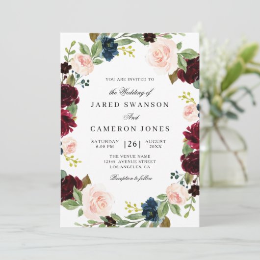 バーガエレガントンディ·赤面&ネービー·フローラ結婚ズ 招待状 (スタンド正面)