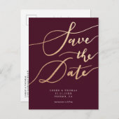 バーガエレガントンディ·金ゴールド·スクリプト·ウェディングが日付を節約 案内ポストカード (正面/裏面)